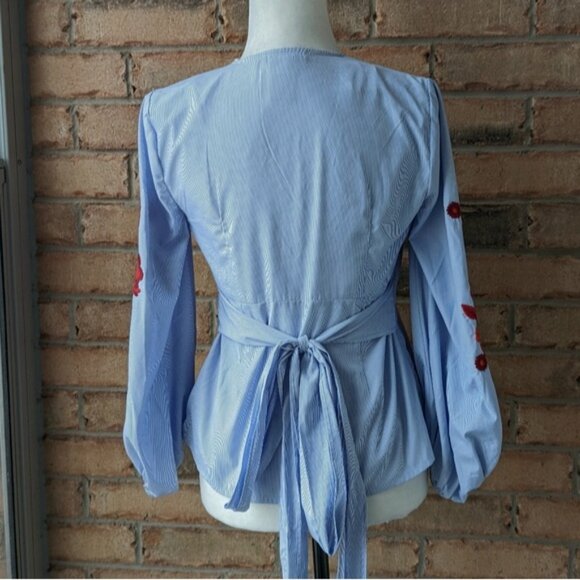 Embroidered floral tie waist vneck striped blouse - Picture 3 of 5